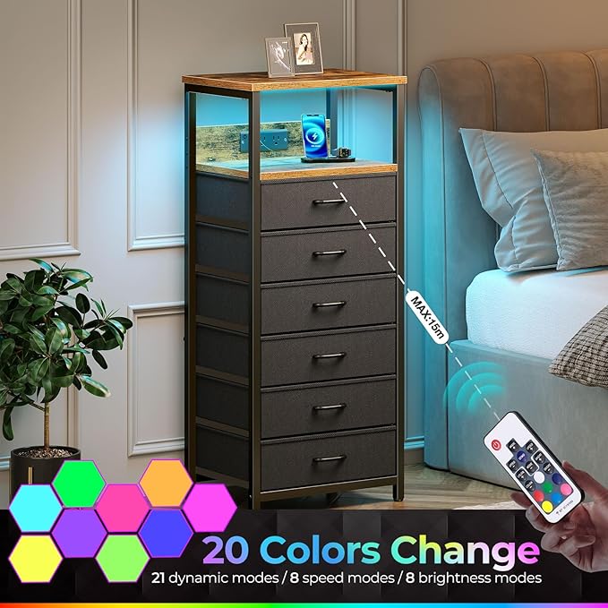 Seventable Night Stand with Charging Station, Tall Nightstand with 6 Fabric Storage Drawers, Side Table with LED Light for Bedroom, Entryway, Rustic Brown, Set of 2