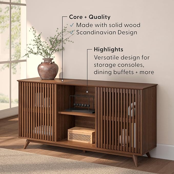 Plank+Beam Mid-Century Modern Wood TV Stand, Solid Wood Entertainment Console with Storage, 59" L x 16" W x 30" H, Walnut