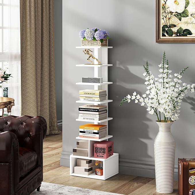 TUTOTAK Narrow Bookshelf, Vertical 8-Tier Bookcase, Spine Book Shelf for Small Space, Small Standing Shelf for Living Room, Office, Study, Entryway, White BS07BW008