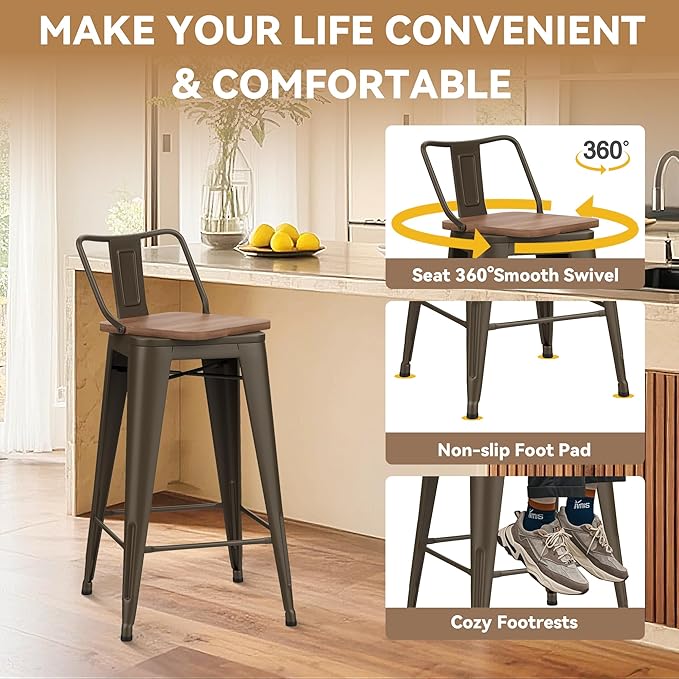 30 Inch Swivel Bar Stools Set of 4 with Backs Counter Height Industrial Metal Barstools Island Bar Chairs for Home Kitchen Dining Room (Swivel 30 inch,Rusty Wooden)