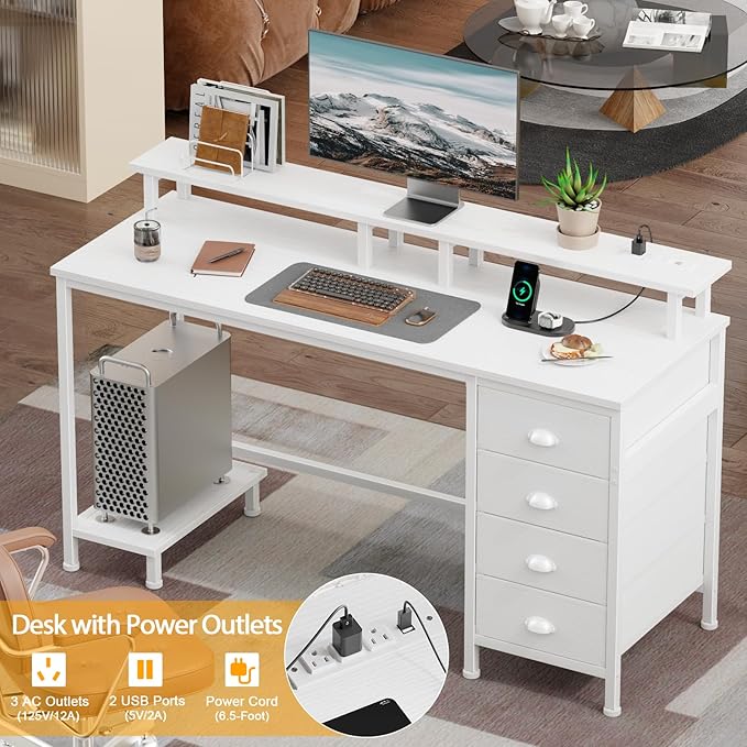 Furologee 47" White Computer Desk with 4 Fabric Drawers & Monitor Stand, Gaming Desk with Power Outlets - LED Lights, Home Office Space-Saving Study Table for Bedroom Small Spaces