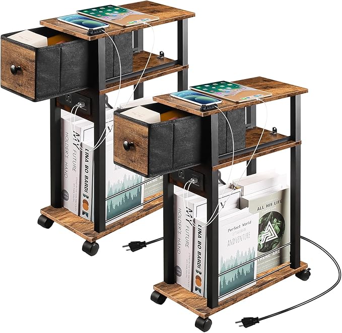 Side Table Set of 2, Side Table with Charging Station and Drawer, Narrow End Table with USB Ports and Outlets for Small Space, Living Room, Bedroom and Office, with 4 Wheels
