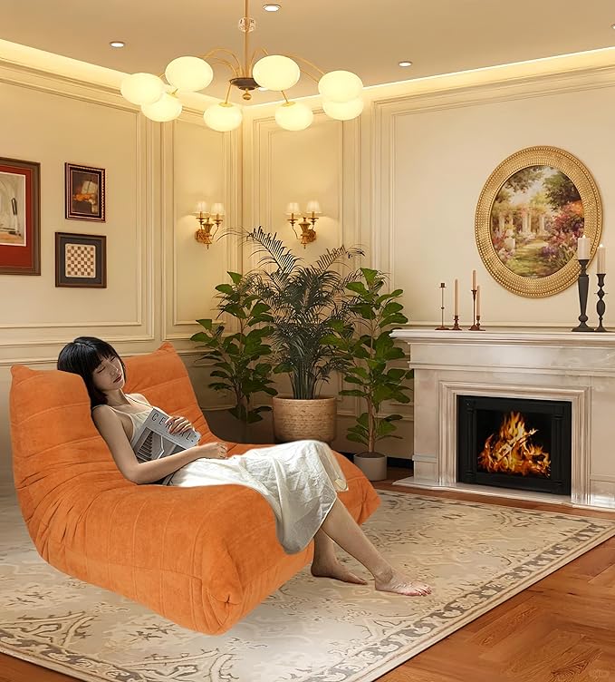 Bean Bag Chair - Memory Foam Bean Bag Chair for Adults, Comfy High-Resilience Single Sofa, Small Space Floor Chair, Chaise Lounge for Living Room, Bedroom (Orange, Wrinkles)