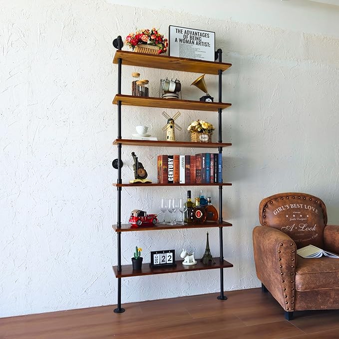 6 Tier Industrial Ladder Shelf Bookcase, Wall Mounted Rustic Bookshelf for Living Room Decor and Storage (Walnut Color, 6 Tier - 10" D x 36" W x 82.5" H)