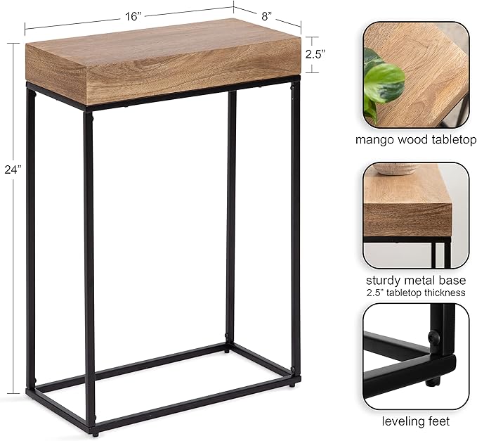 Kate and Laurel Karlsen Wood and Metal Narrow Side Table; 16 x 24 x 8; Natural Brown and Black; Modern Transitional Slim Nightstand with Mixed Materials Design