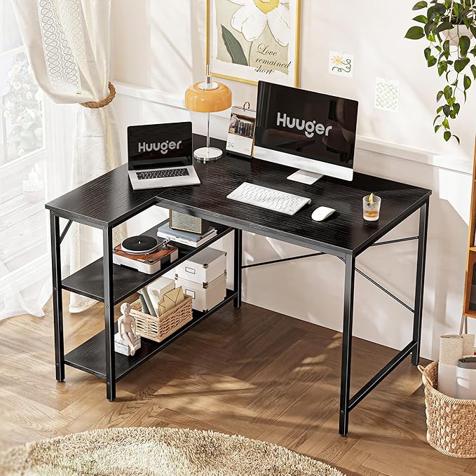 Huuger L Shaped Desk, 39 Inches Computer Desk with Reversible Storage Shelves, Gaming Desk, for Corner Home Office Writing Study, Metal Frame, Black