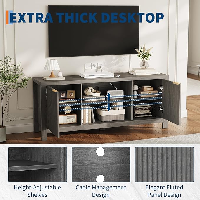 59" TV Stand for TVs Up to 65 Inches, Mid Century Modern TV Entertainment Center with Storage Cabinets & Open Shelves, Wood TV Cabinet for Living Room, Gray Oak