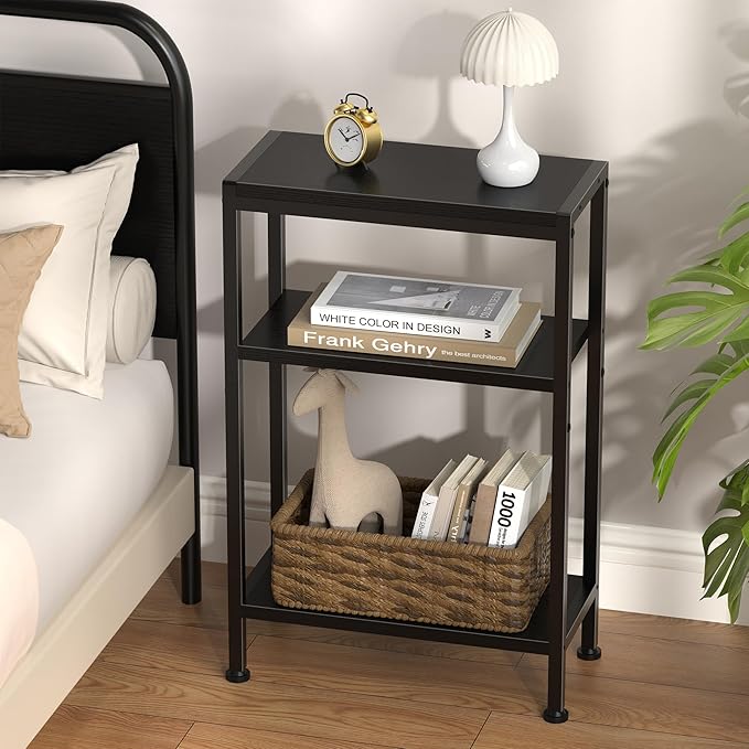Narrow Side Table for Small Space, 3-Tier Small End Table with Shelf Holder, Slim Nightstand, Skinny Snack Couch Table in Living Room, Bedroom, Study, Kitchen and Balcony（Black