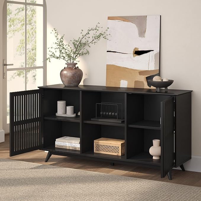Plank+Beam Mid-Century Modern Wood TV Stand, Solid Wood Entertainment Console with Storage, 59" L x 16" W x 30" H, Black