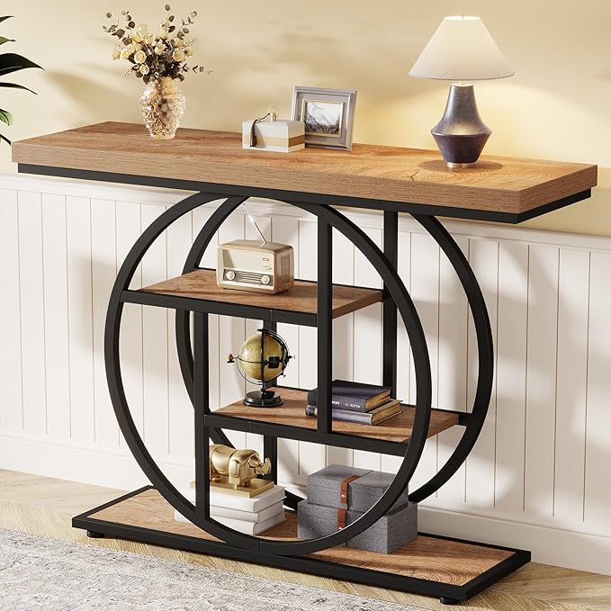 Tribesigns 41.3" Console Table, Industrial 4-Tier Sofa Table Entryway Table with Circle Base, Narrow Wood Accent Tables with Storage Shelves for Living Room, Hallway, Foyer, Light Brown