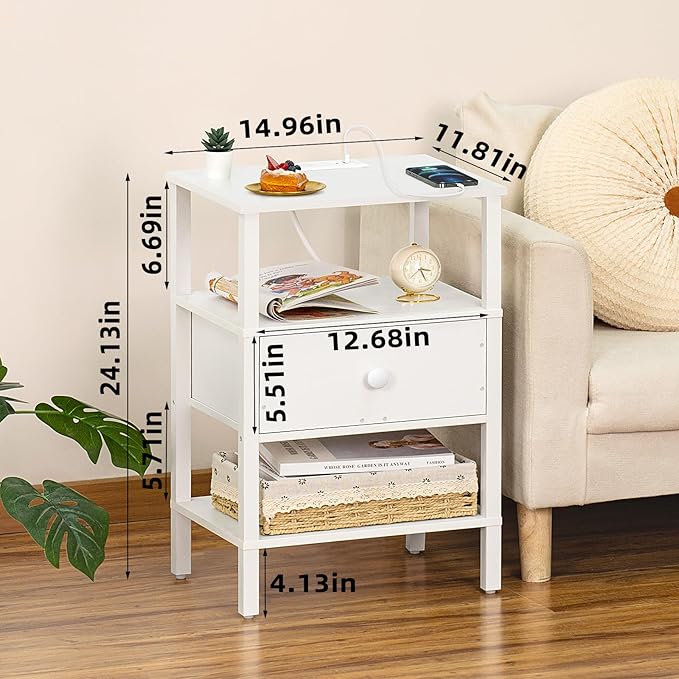 Lerliuo Nightstand Set of 2 with Charging Station and USB Ports, 3-Tier Storage End Table with Drawer Shelf, Night Stand for Small Spaces, Wood Bedside Table for Living Room, Bedroom - Elegant White