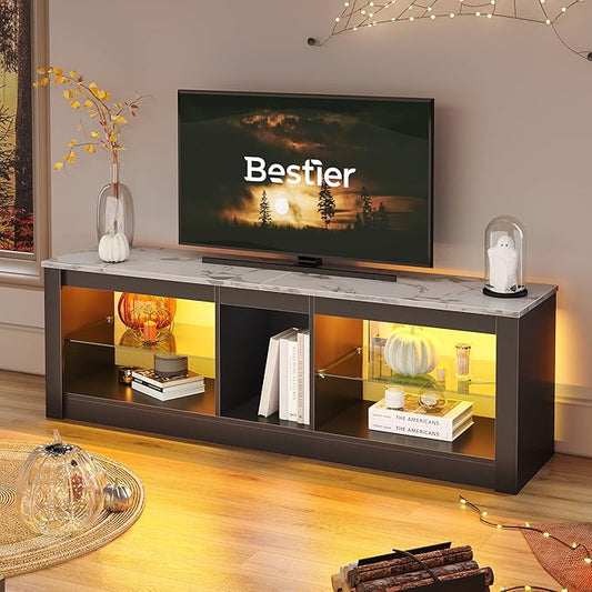 Bestier White Marble TV Stand LED Entertainment Center Gaming TV Stand for 55 Inch TV RGB Television Stand with 2 Adjustable Glass Shelves Xbox PS4 Game Console Cabinet for Living Room