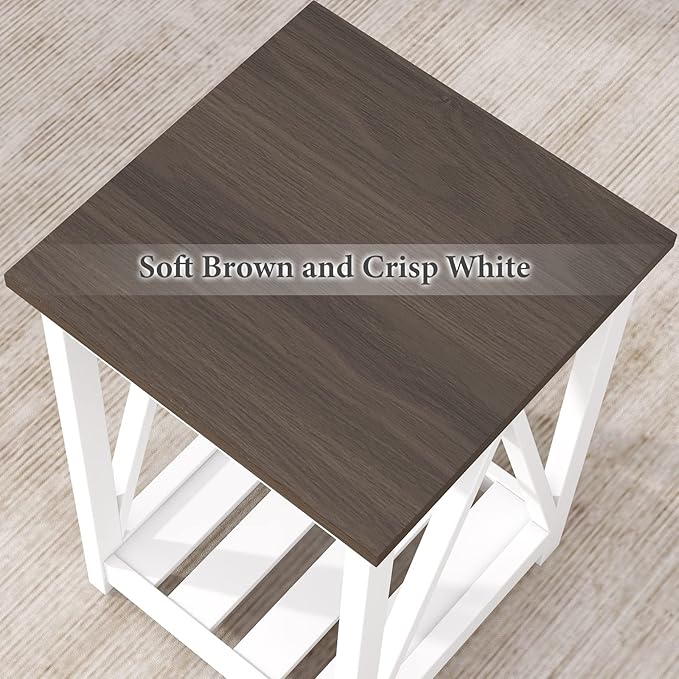 ChooChoo Farmhouse End Table, Rustic Vintage End Side Table with Storage Shelf for Small Spaces, Nightstand Sofa Table for Living Room, Bedroom White 2 Pack