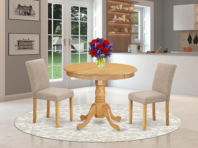 East West Furniture ANAB3-OAK-04 3 Piece Dinette Set for Small Spaces Contains a Round Dining Table with Pedestal and 2 Light Tan Linen Fabric Upholstered Chairs, 36x36 Inch, Oak