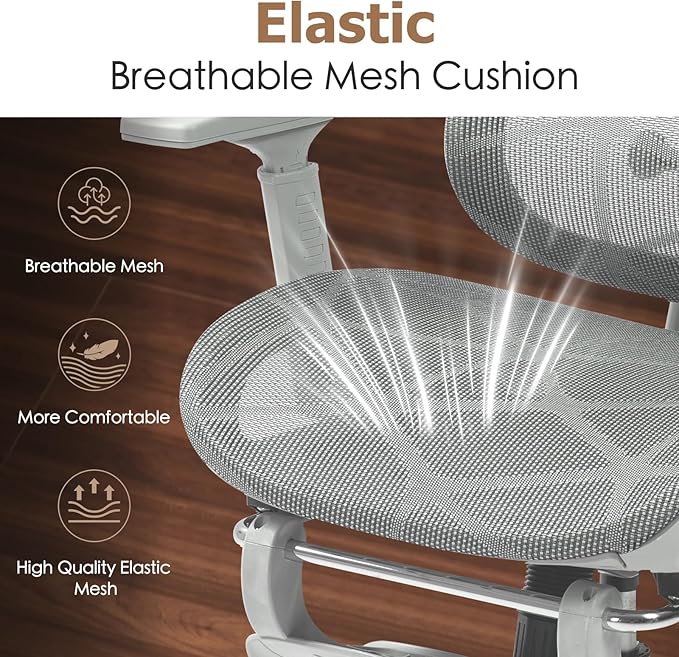 Ergonomic Mesh Office & Gaming Chair with Footrest, High Back Home Office Desk Chair, Comfortable Lumbar Support, 130° Tilt, Adjustable 3D Armrest & 2D Headrest (Grey)
