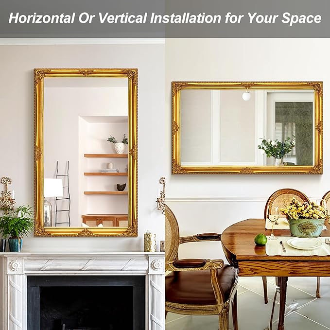 35" x 23" Large Antique Mirror, Gold Vintage Wall Mirror with Baroque Wood Frame for Elegant Victorian Living Room, Ornate Entryway Over Console