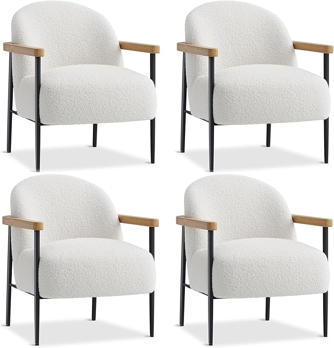 Garvee Modern Accent Chair Set of 4, White Comfy Chair with Teddy Fabric, Wood Arms, Metal Frame & Adjustable Feet, Mid Century Modern Chair for Living Room,Bedroom, Office, Set of 4