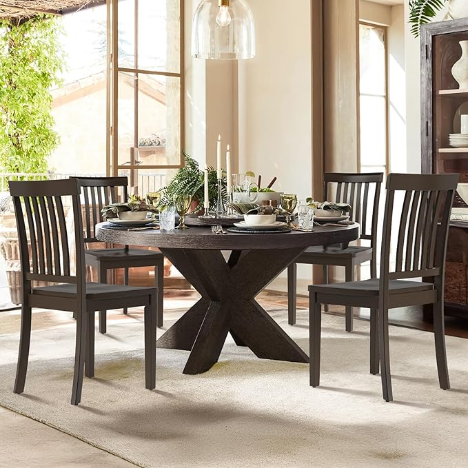 COLAMY Wooden Dining Chairs Set of 4, Solid Rubberwood Kitchen & Dining Room Chairs,Windsor Style Seating, Rustic Dining Table Chairs, Non-Slip Foot Pads, Farmhouse & Traditional Seating,Dark Brown