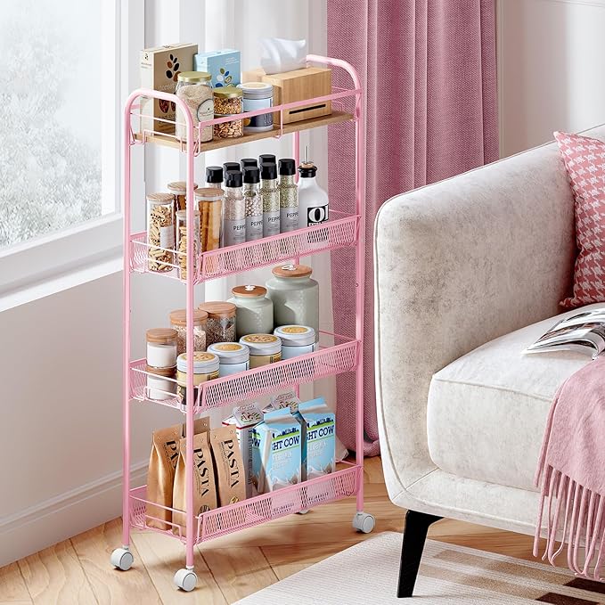 KINGRACK Metal Slim Rolling Cart,4-Tier Metal Utility Cart,Storage Cart with Wooden Tabletop, for Narrow Space on Laundry Bathroom Kitchen Room Bedroom Apartments Dormitory (Pure Pink, Slim)