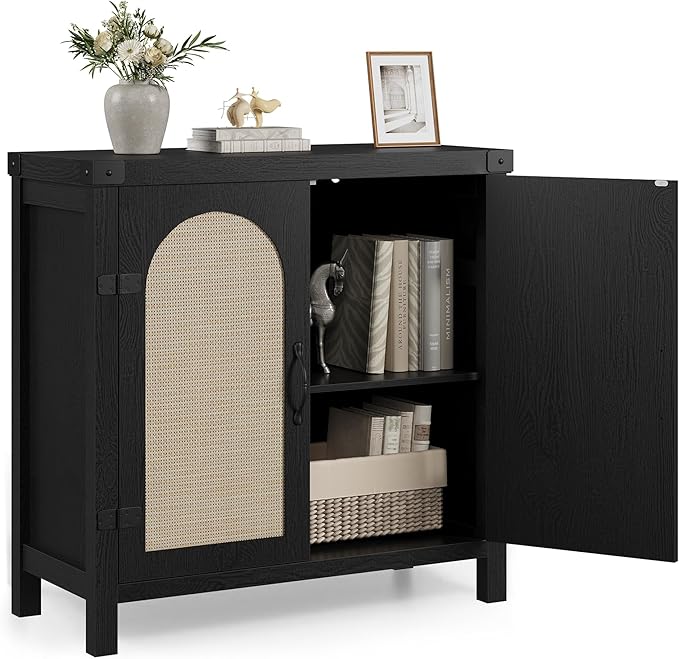 IDEALHOUSE Rattan Buffet Cabinet with Storage, Sideboard with Synthetic Rattan-Accent Doors, Adjustable Shelves, Storage Cabinet for Living Room Dining Room Hallway, Black