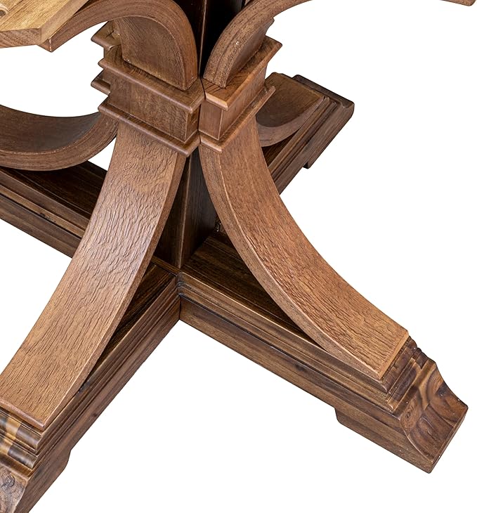 I7MZ7-50N-04 7-Pc Dining Set consists of a Pedestal Dining Table and 6 Light Tan Polyester Fabric Dining Chairs with Padded Back - Antique Walnut Finish