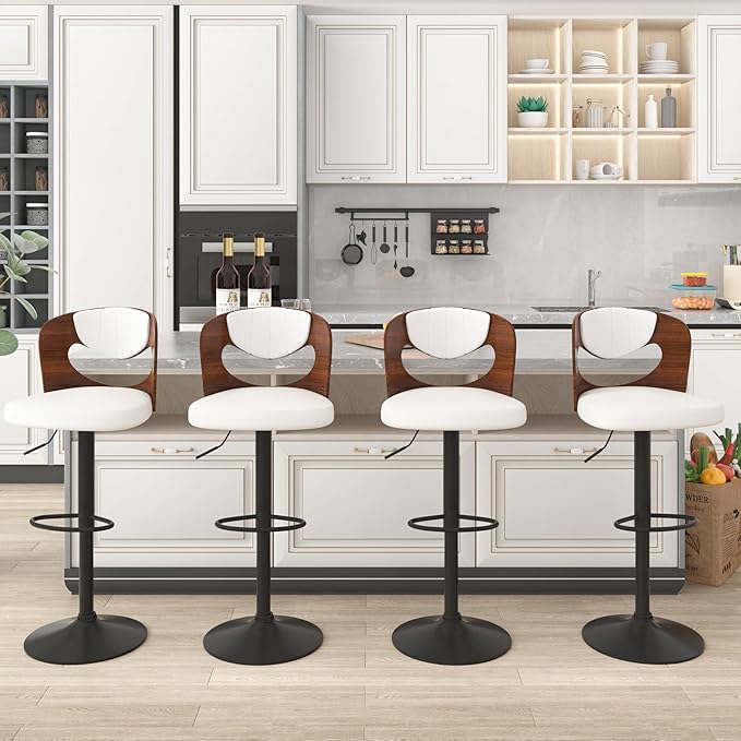 VECELO BarStools Set of 4,Kitchen Island Stools with Bentwood Back,Arm&Footrest,Counter Height Bar Chairs PU Leather Cushion Seat Adjustable Height 360°Swivel,Island Chairs for Club Pub,Creamy White