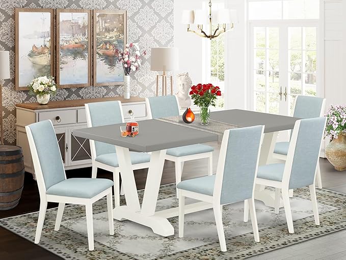 East West Furniture V097LA015-7 7 Piece Dinette Set Consist of a Rectangle Dining Table with V-Legs and 6 Baby Blue Linen Fabric Parson Dining Room Chairs, 40x72 Inch, Multi-Color