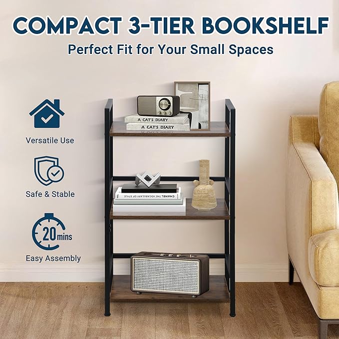 LOFTEY Book Shelf Small Bookshelf, 3 Tier Industrial Short Bookshelf, Metal Open Shelf Bookcase for Living Room, Bedroom, and Office, Rustic Brown
