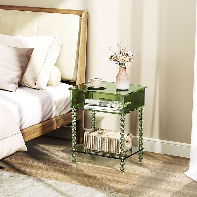 Acrylic Side Table, Clear 3-Tier End Table with Storage, Nightstand for Living Room, Bedroom, Office (Green, 11.8 ×15.7 × 19.7)