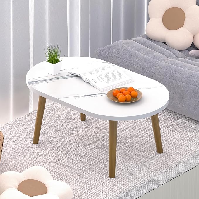 Small Coffee Table for Small Space, Low Table, Floor Table Desk for Sitting on The Floor, Japanese Coffee Table for Living Room, Tatami Tea Tables with Solid Wood Legs, Oval Coffee Tables, White