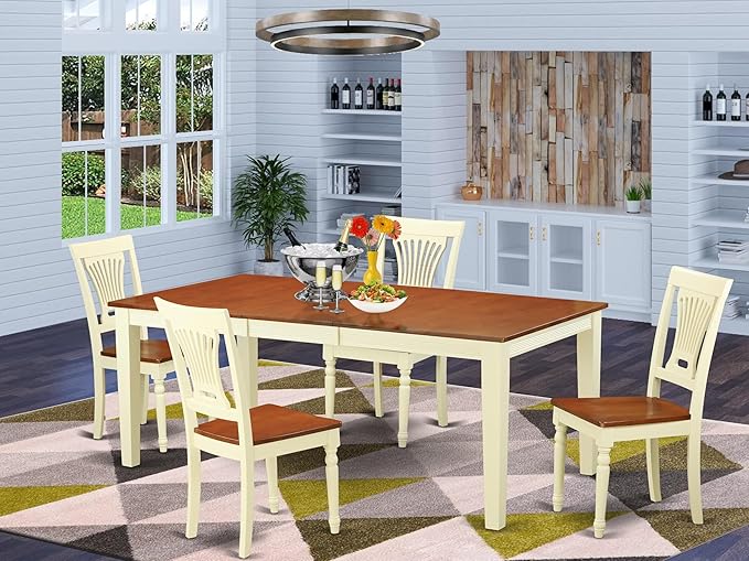 East West Furniture QUPL5-WHI-W 5 Piece Modern Dining Table Set Includes a Rectangle Wooden Table with Butterfly Leaf and 4 Dining Chairs, 40x78 Inch, Buttermilk & Cherry
