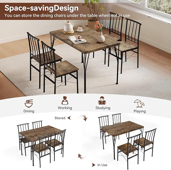 Vipbear Kitchen Dining Table Set for 4, 5-Piece Kitchen Table Set with 1.6“ Thick Tabletop,Dining Room Table Sets,Kitchen Table Set with 4 Chairs for Small Space, Dinette,Apartment,Retro Brown