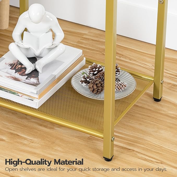 HOOBRO End Tables Set of 2 with Charging Station, Side Tables with USB Ports & Power Outlets, 3-Tier Slim Nightstands with Storage Shelves, Tempered Glass, for Living Room, Bedroom, Gold GD77UBZP201
