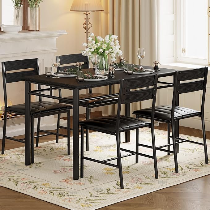 IRONCK Dining Table Set for 4, Wood Kitchen Table with Upholstered Chairs for Kitchen & Dining Room, Compact Dining Set for Small Spaces, Black