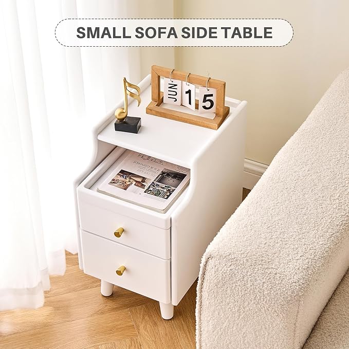 Uniclinens White Narrow Nightstand with Drawers, Small Slim Solid Wood Bedside Table for Bedroom, Modern End/Side for Living Room