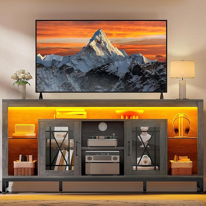 YITAHOME 33.5'' Tall TV Stand for 75 inch TV, LED Entertainment Center with Storage, Grey TV Stands for Living Room with Acrylic Doors & Power Outlets, Tall TV Console Cabinet, Grey