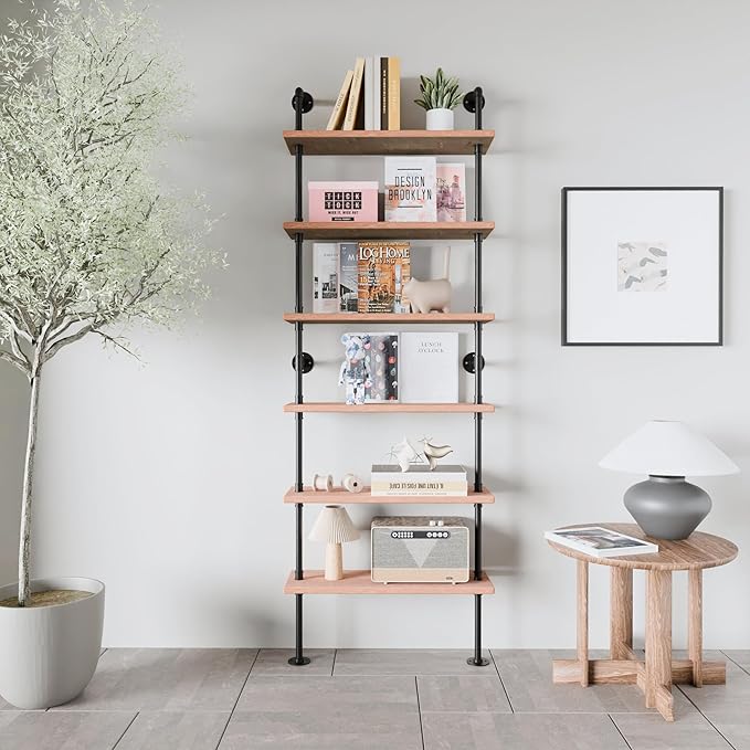 Pipe Industrial Shelves, Wall Mounted Wood Metal Ladder Rustic Bookshelf (Weathered Brown, 6 Tier - 10" D x 30" W x 82.5" H)