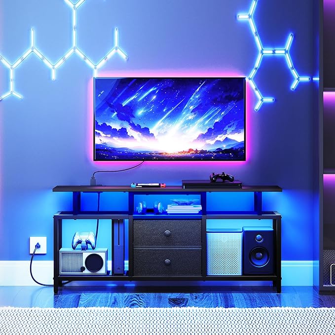 TV Stand with LED Light and Power Outlets, Entertainment Center with Fabric Drawers and Open Shelves, 41.7" TV Cabinet for TVs up to 45 Inch, Media Console for Living Room, Bedroom, DS03UDBB