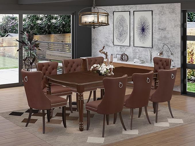East West Furniture DODA9-MAH-26 9 Piece Dinette Set Includes a Rectangle Dining Table with Butterfly Leaf and 8 Polyester Fabric Parson Kitchen Chairs, 42x78 Inch, Mahogany