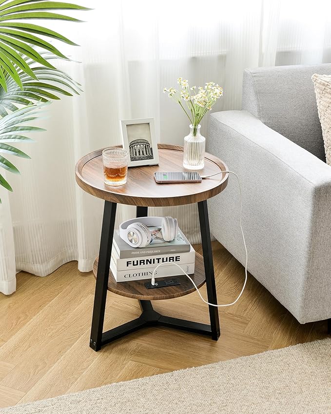 Round End Table with Charging Station, 19.7" Dia x 23.63" H, Side Table with Storage Shelf, Accent Table, for Living Room, Bedroom, Small Spaces, Metal Frame, Industrial Style (Brown + Black)