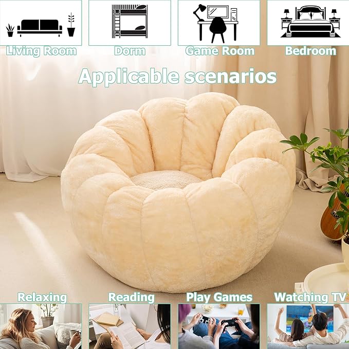 Pumpkin Bean Bag Sofa Chair, Bean Bag Chair with Filler for Teens, Kids, Toddler, Comfy and Lazy Sofa for Dorm, Apartment, Living Room and Bedroom, Ivory