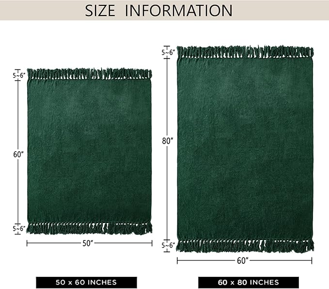 Chenille Throw Blanket for Couch 50"X 60", Soft Cozy Throws with Fringe Tassel for Bed Sofa Chair Cover, Lightweight Knitted Decorative Boho Blankets for Living Room, Dark Green