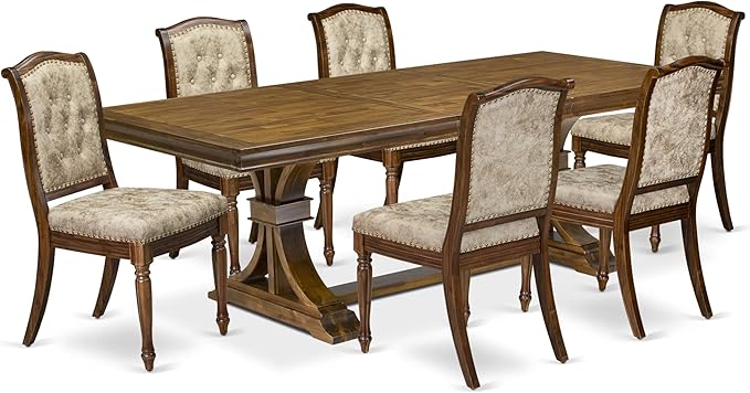 LEMA7-AWA-36 7 Pieces Dining Room Set Consists of a Rectangular Modern Dining Table and 6 Light Beige Polyester Fabric Kitchen Chairs, Antique Walnut Finish