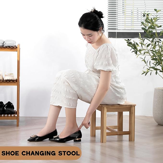 12 Inch Wooden Step Stool, Small Nature Beach Chair Under Desk, Indoor Acacia Wood Short Footstool for Living Room, Kitchen, Bathroom