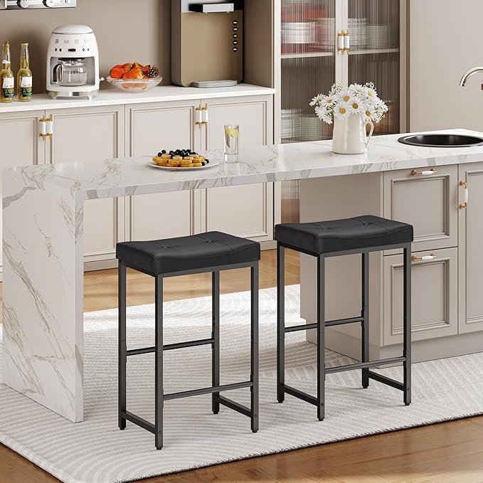 HOOBRO Bar Stools,25.4" Saddle Stools with PU Upholstery, Counter Height Stools with Footrest, Kitchen Breakfast Chairs, for Dining Room, Cafe, Bar, Black BB23BY01