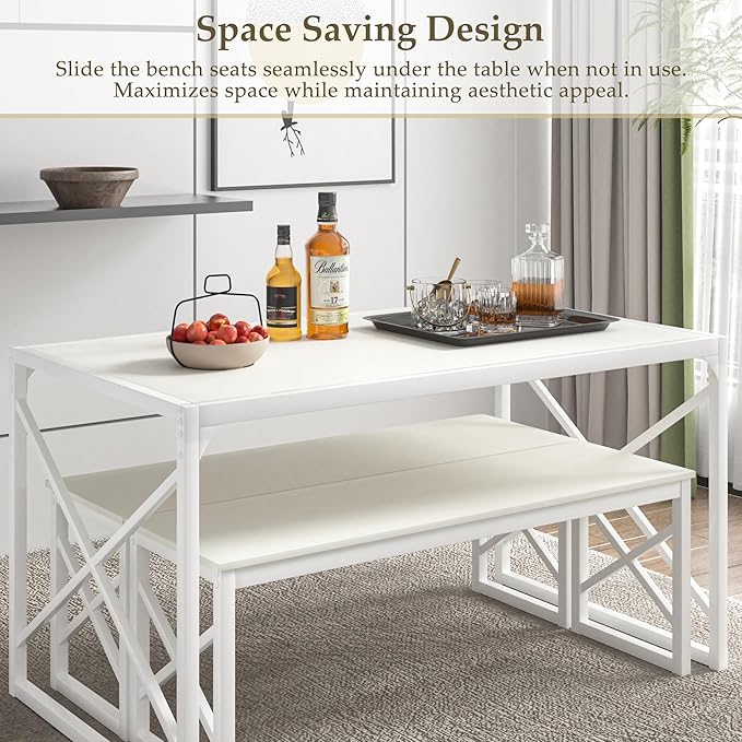 VECELO Kitchen Dining Table Set for 4, 55" Wood Rectangle Dinette with 2 Benches, Heavy-Duty Metal Frame for Small Space, Breakfast Nook, White