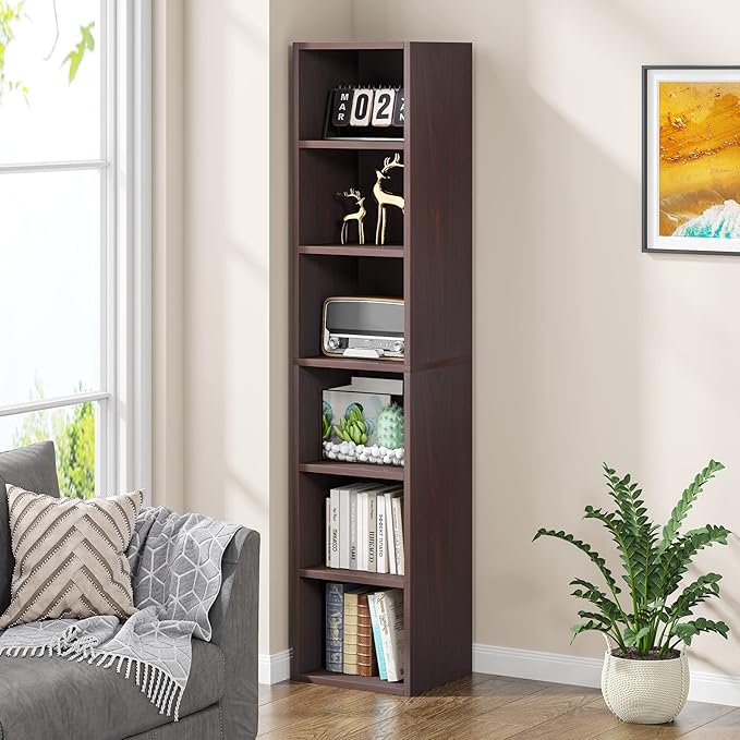 LITTLE TREE 70.9 Inch Tall Narrow Bookcase, Corner Bookshelf 6 Tier Cube Display Shelf Storage Organizer for Small Space, Brown