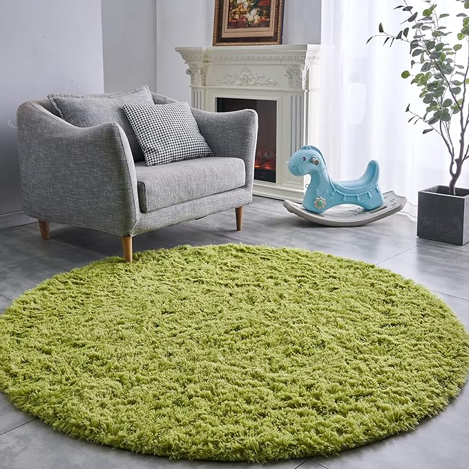 FJZFING Grass Green Round Rug Ultra-Soft Plush Modern 6x6 Circle Area Rug for Kid's Bedroom, Fluffy Shag Circular Rug for Nursery Room, Cute Grass Green Carpet for Teen's Room