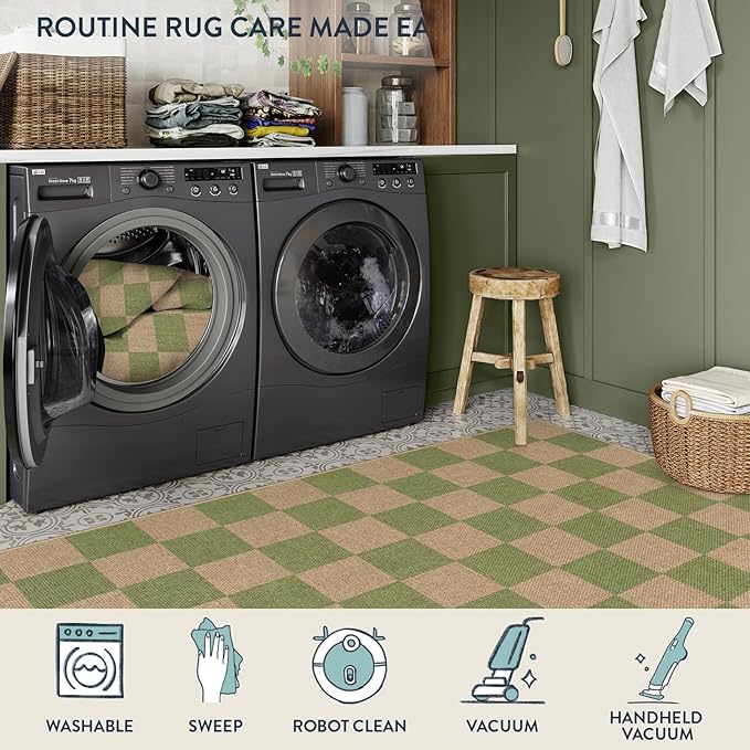 Lahome Checkered Entryway Runner Rug, 2x8 Green Washable Rug Runners for Hallway Non Slip, Farmhouse Indoor Outdoor Non Shedding Kitchen Mats for Floor Porch Balcony