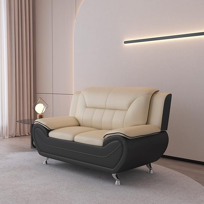 Container Furniture Direct Michael Modern Faux Leather Upholstered Stainless Steel Legs Living Room Sofa, Loveseat, Black Camel